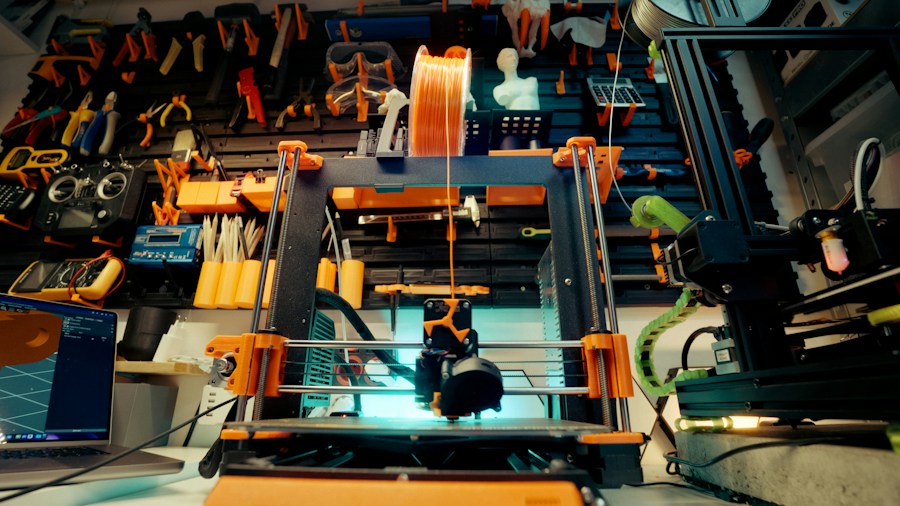 3D printer working among tools in a workshop